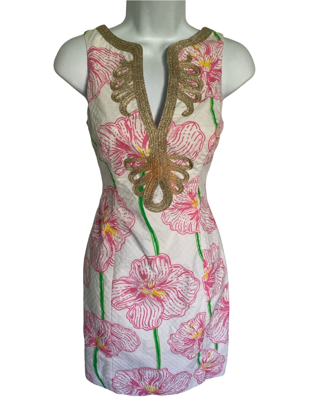 Lilly Pulitzer Pink Floral Mini Dress with Gold Embellished Neckline-00